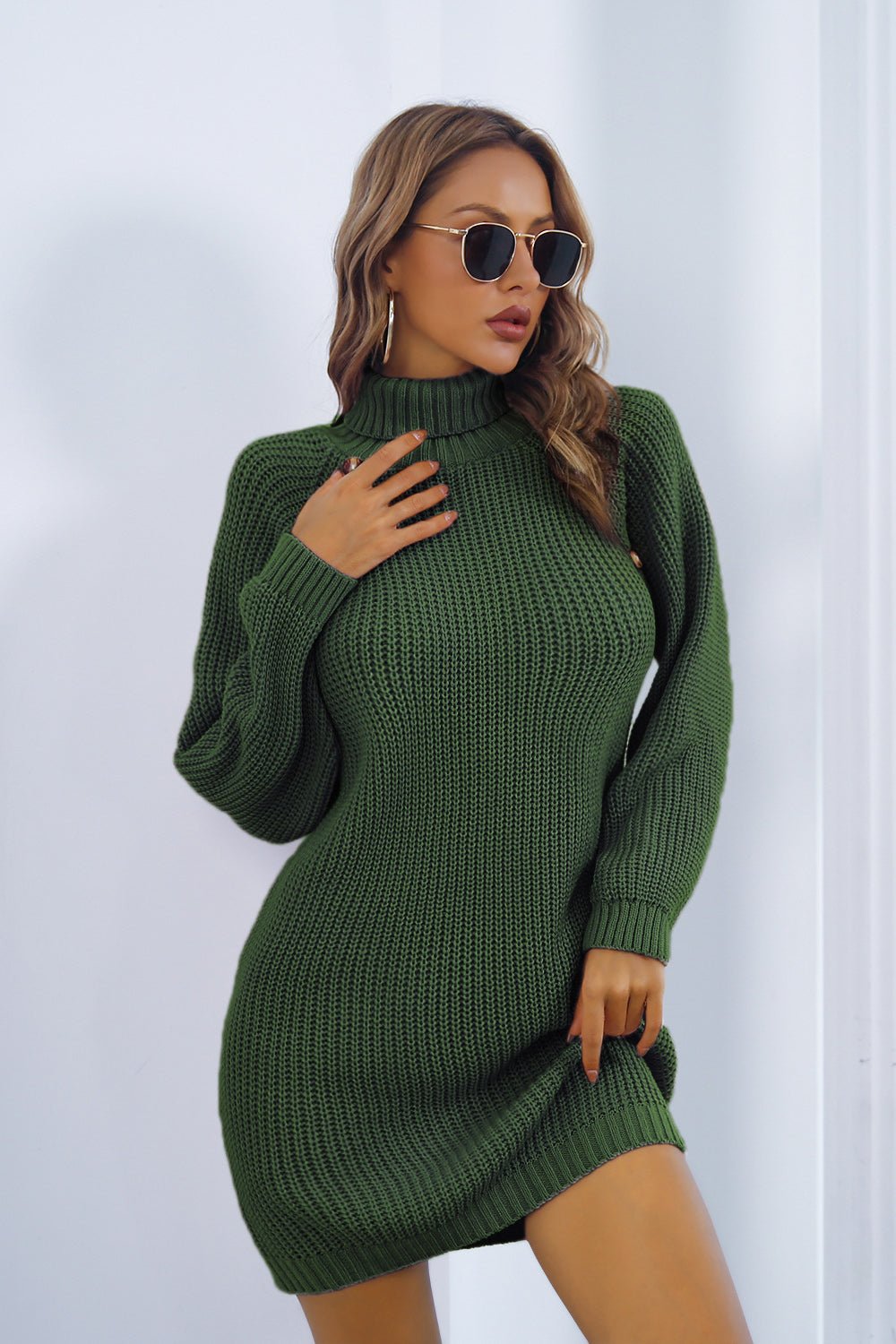 Buttoned Turtleneck Long Sleeve Sweater Dress - Amara Luxe Fine Boutique