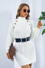 Buttoned Turtleneck Long Sleeve Sweater Dress - Amara Luxe Fine Boutique