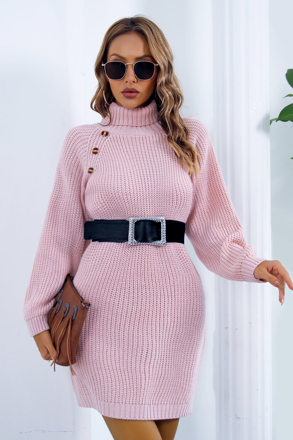 Buttoned Turtleneck Long Sleeve Sweater Dress - Amara Luxe Fine Boutique