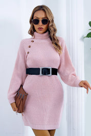 Buttoned Turtleneck Long Sleeve Sweater Dress - Amara Luxe Fine Boutique