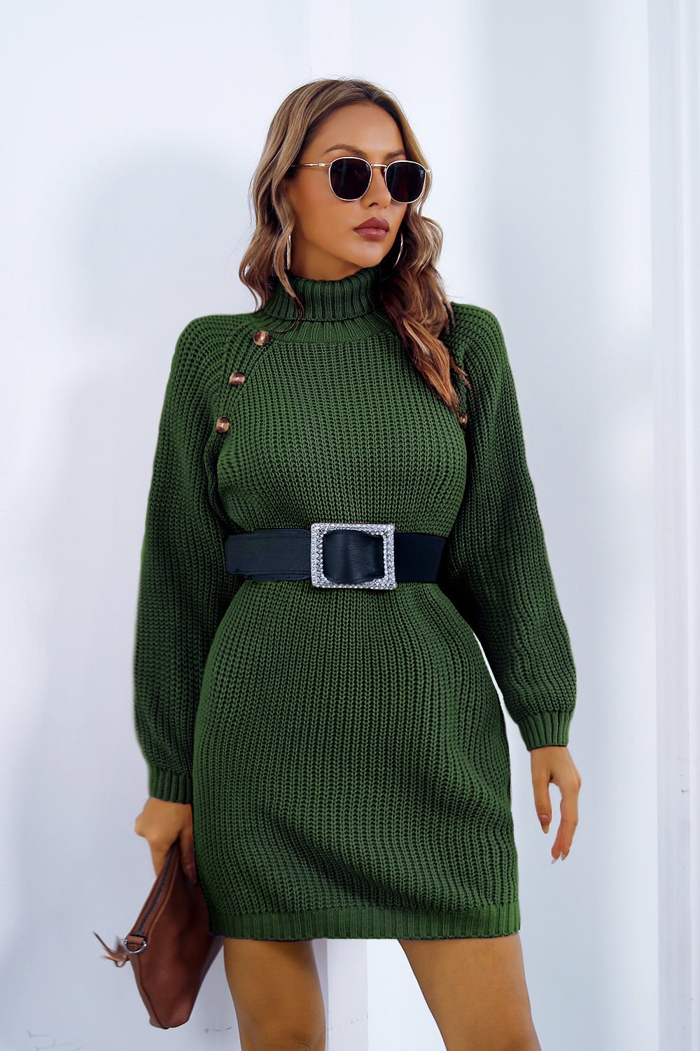 Buttoned Turtleneck Long Sleeve Sweater Dress - Amara Luxe Fine Boutique