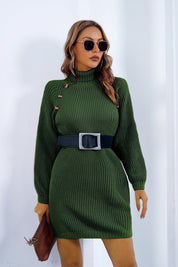 Buttoned Turtleneck Long Sleeve Sweater Dress - Amara Luxe Fine Boutique