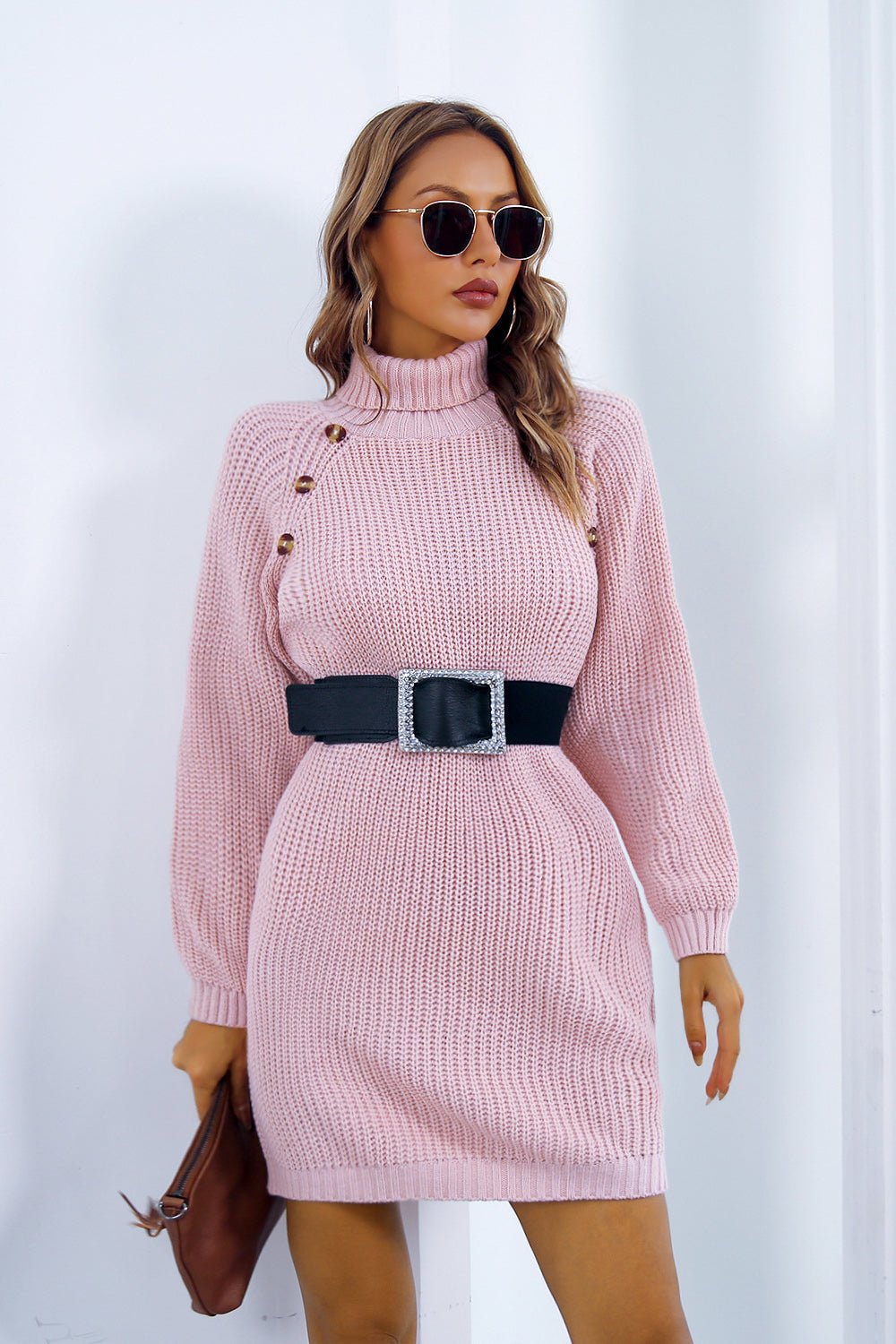 Buttoned Turtleneck Long Sleeve Sweater Dress - Amara Luxe Fine Boutique