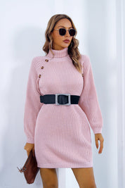 Buttoned Turtleneck Long Sleeve Sweater Dress - Amara Luxe Fine Boutique