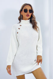 Buttoned Turtleneck Long Sleeve Sweater Dress - Amara Luxe Fine Boutique