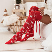 Christmas Element Bowknot Ribbed Trim Over Knee Stockings - Amara Luxe Fine Boutique