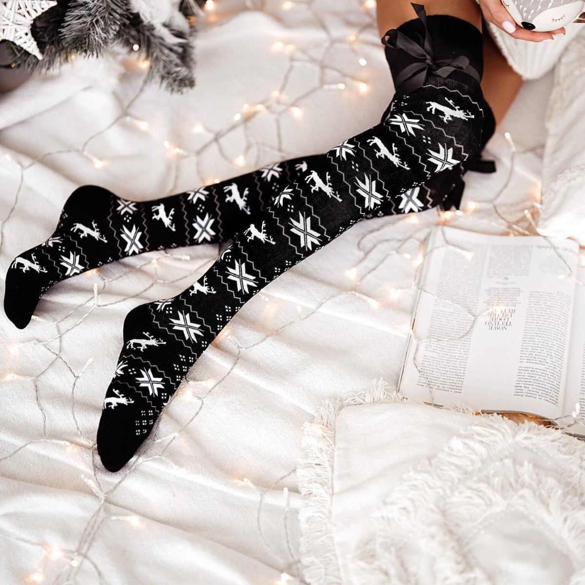 Christmas Element Bowknot Ribbed Trim Over Knee Stockings - Amara Luxe Fine Boutique