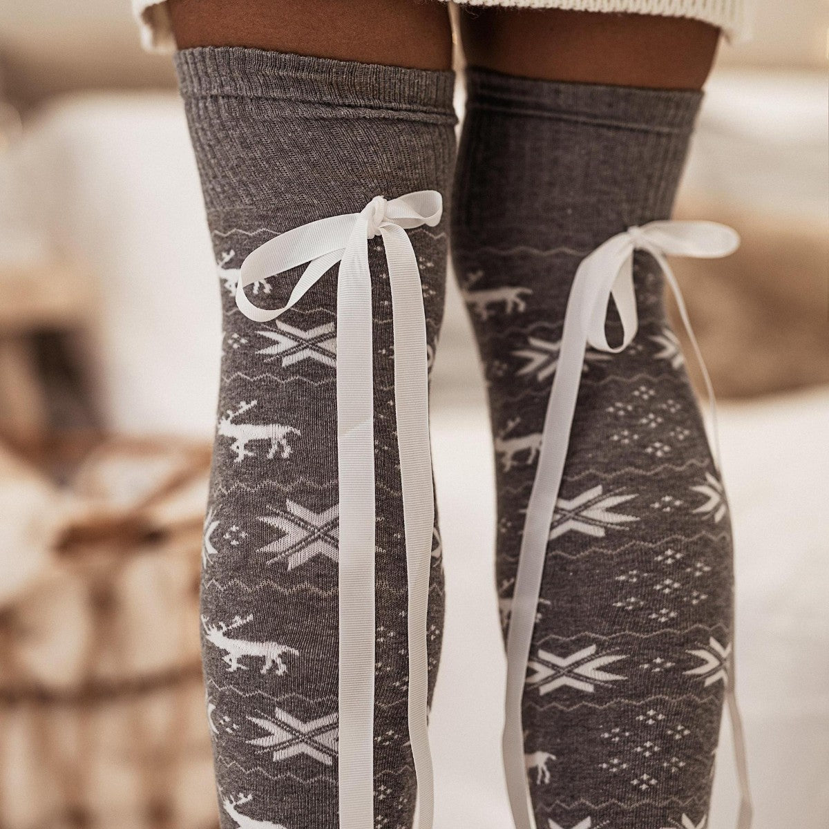 Christmas Element Bowknot Ribbed Trim Over Knee Stockings - Amara Luxe Fine Boutique
