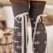 Christmas Element Bowknot Ribbed Trim Over Knee Stockings - Amara Luxe Fine Boutique