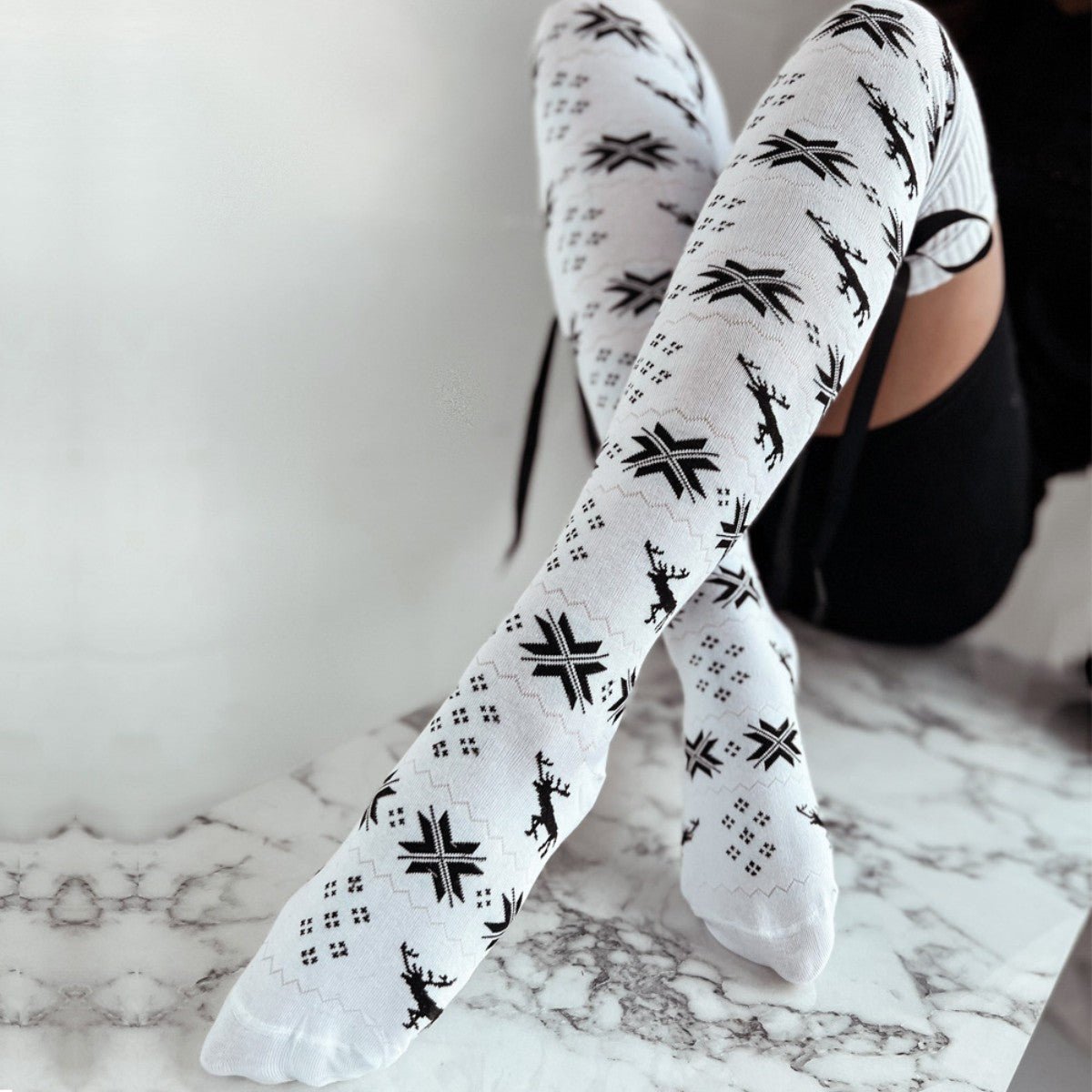 Christmas Element Bowknot Ribbed Trim Over Knee Stockings - Amara Luxe Fine Boutique
