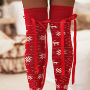 Christmas Element Bowknot Ribbed Trim Over Knee Stockings - Amara Luxe Fine Boutique