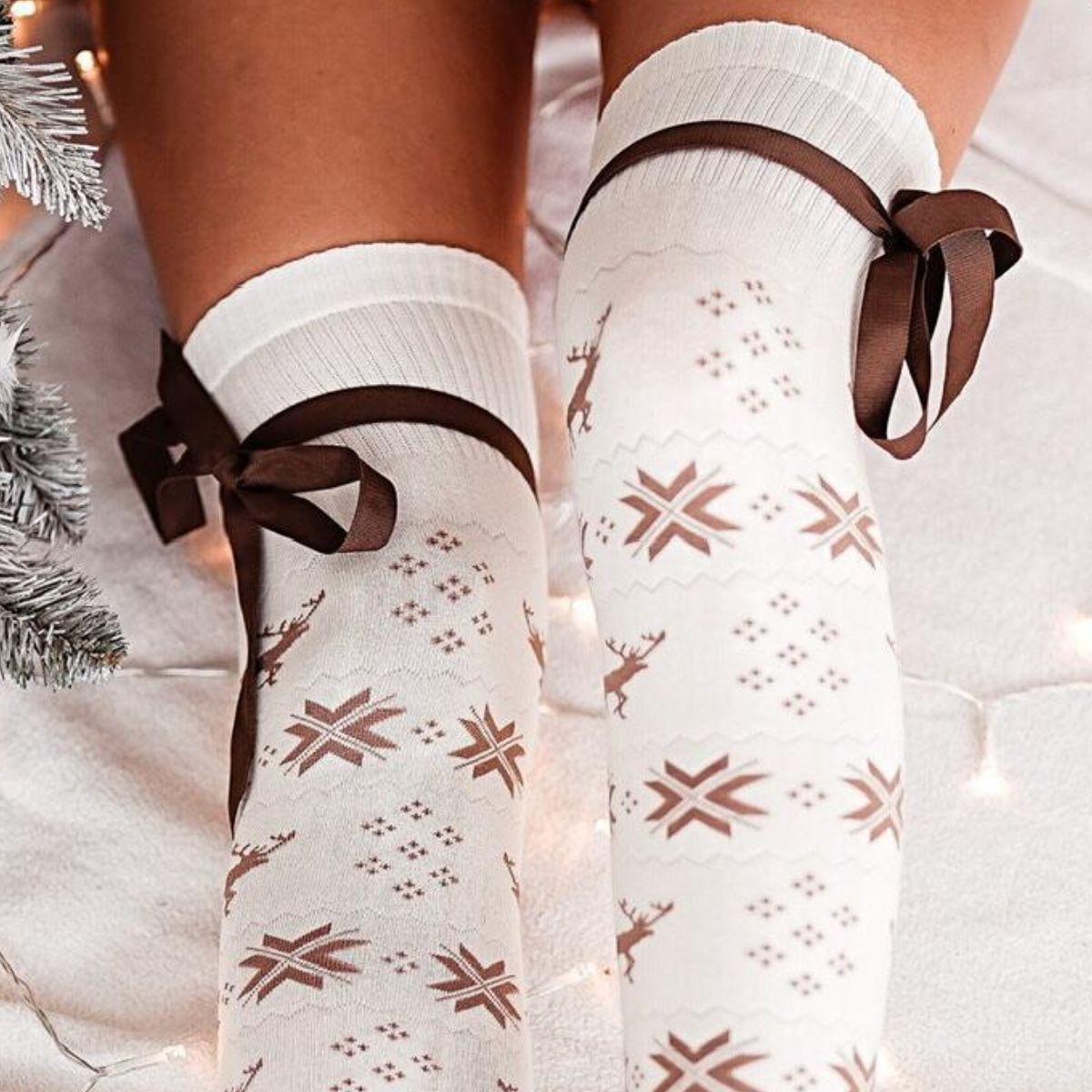 Christmas Element Bowknot Ribbed Trim Over Knee Stockings - Amara Luxe Fine Boutique