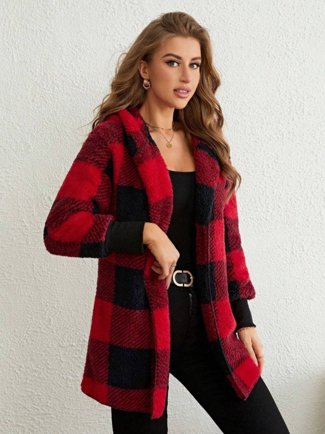 Plaid Long Sleeve Hooded Coat - Amara Luxe Fine Boutique