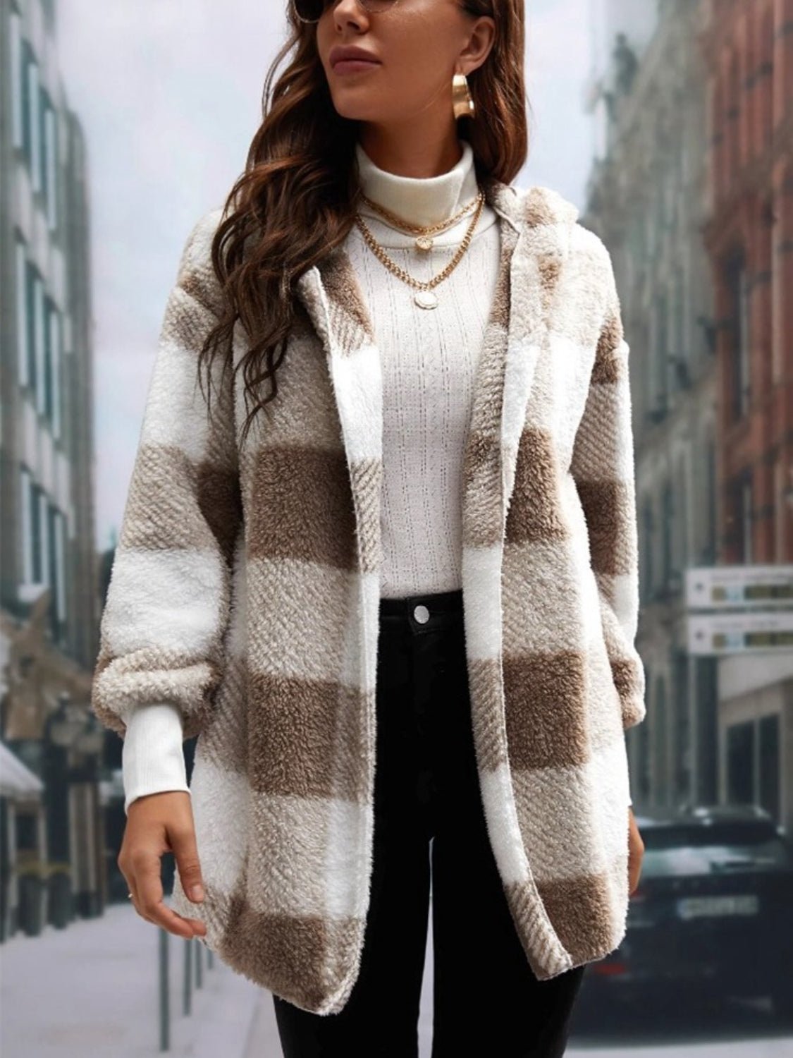 Plaid Long Sleeve Hooded Coat - Amara Luxe Fine Boutique