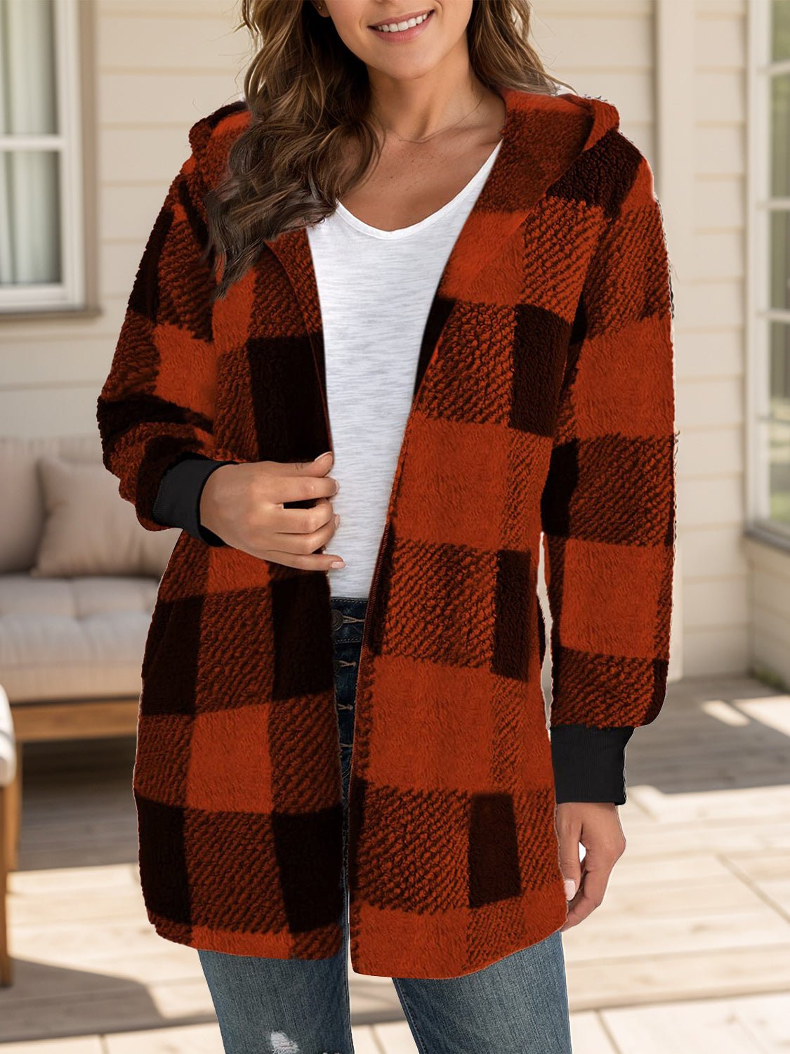Plaid Long Sleeve Hooded Coat - Amara Luxe Fine Boutique
