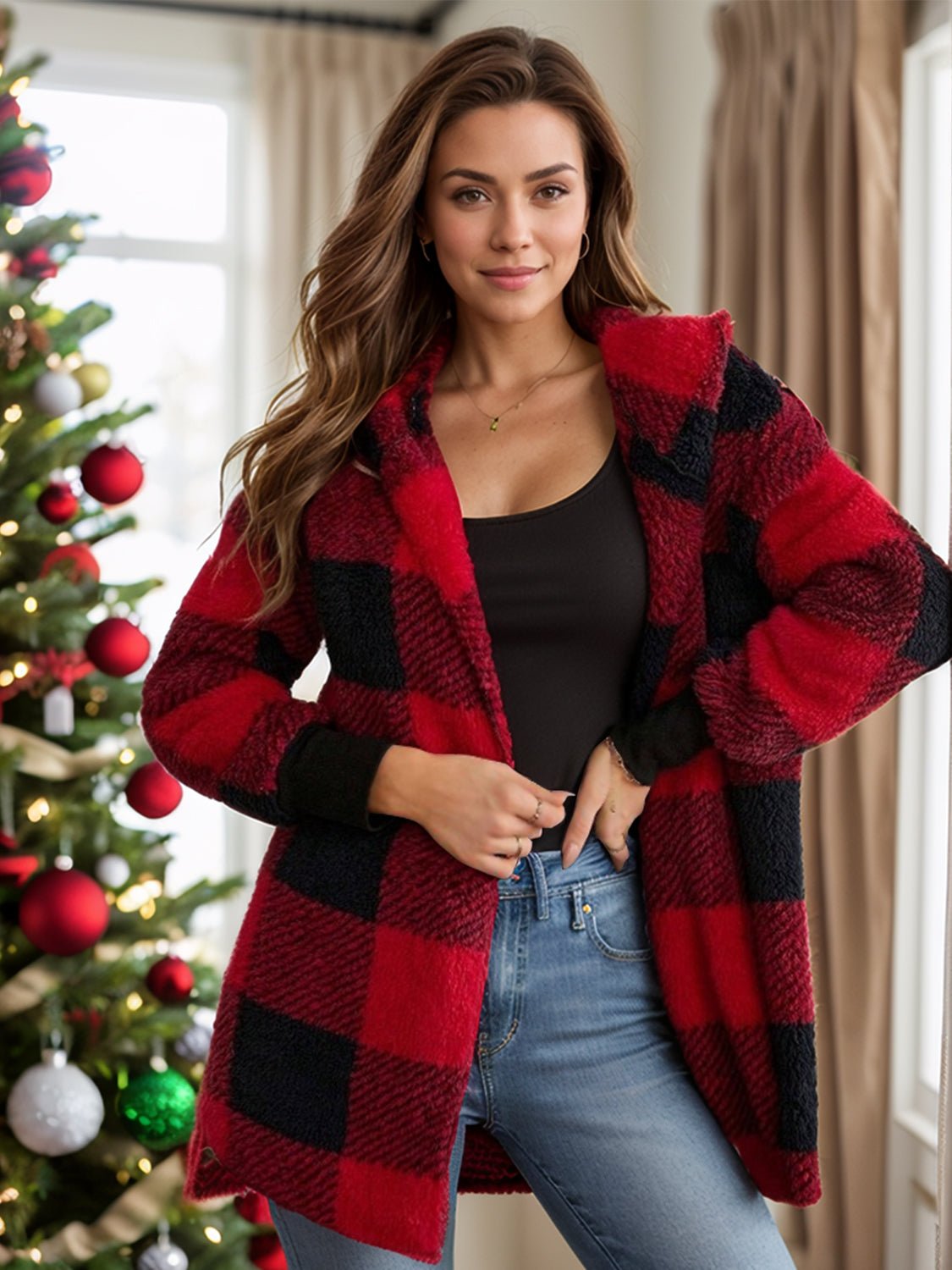 Plaid Long Sleeve Hooded Coat - Amara Luxe Fine Boutique