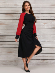 Ruched Contrast Long Sleeve Midi Dress - Amara Luxe Fine Boutique