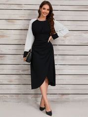 Ruched Contrast Long Sleeve Midi Dress - Amara Luxe Fine Boutique
