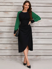 Ruched Contrast Long Sleeve Midi Dress - Amara Luxe Fine Boutique