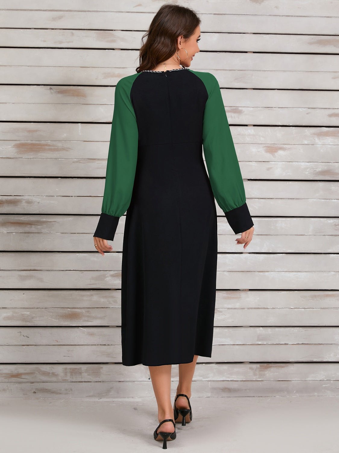 Ruched Contrast Long Sleeve Midi Dress - Amara Luxe Fine Boutique