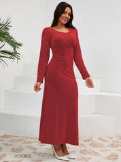 Ruched Round Neck Long Sleeve Dress - Amara Luxe Fine Boutique