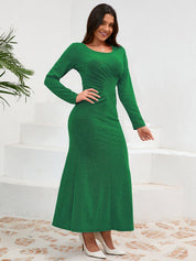 Ruched Round Neck Long Sleeve Dress - Amara Luxe Fine Boutique