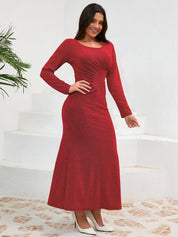 Ruched Round Neck Long Sleeve Dress - Amara Luxe Fine Boutique