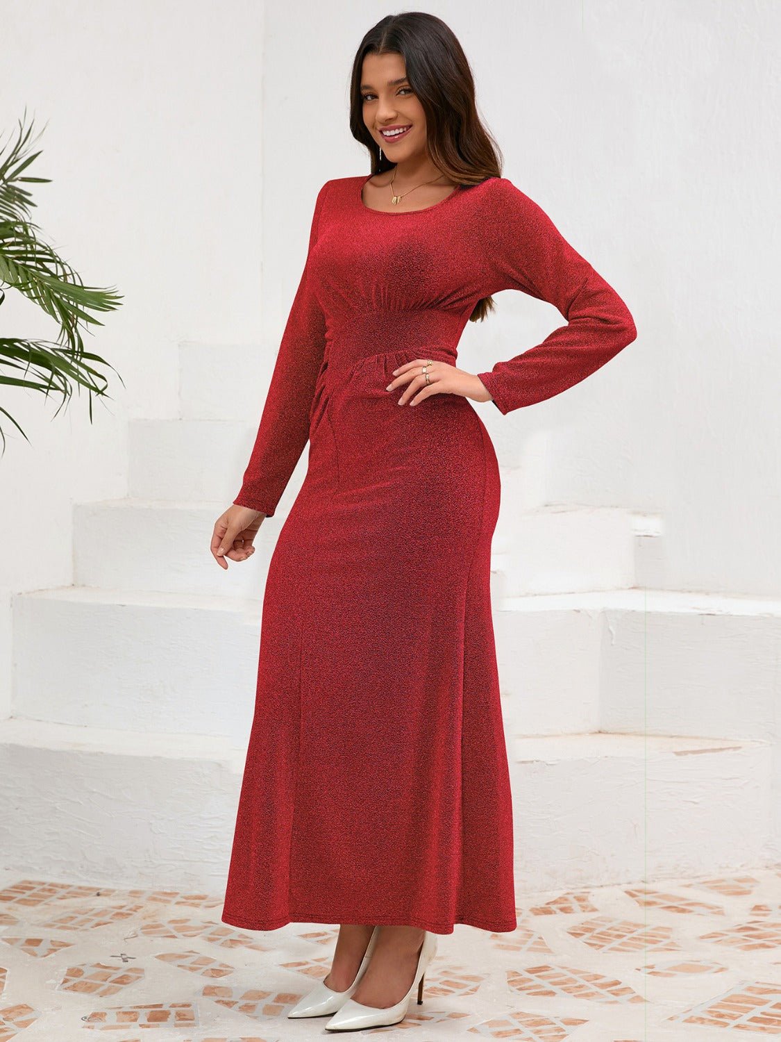 Ruched Round Neck Long Sleeve Dress - Amara Luxe Fine Boutique