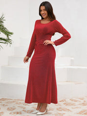 Ruched Round Neck Long Sleeve Dress - Amara Luxe Fine Boutique