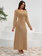 Ruched Round Neck Long Sleeve Dress - Amara Luxe Fine Boutique