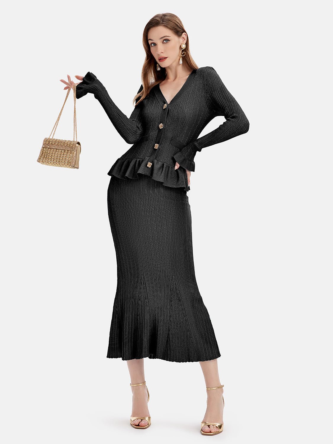 Ruffled V - Neck Top and Midi Skirt Sweater Set - Amara Luxe Fine Boutique