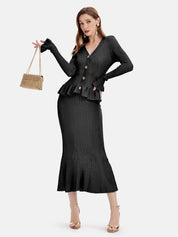 Ruffled V - Neck Top and Midi Skirt Sweater Set - Amara Luxe Fine Boutique