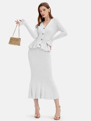 Ruffled V - Neck Top and Midi Skirt Sweater Set - Amara Luxe Fine Boutique