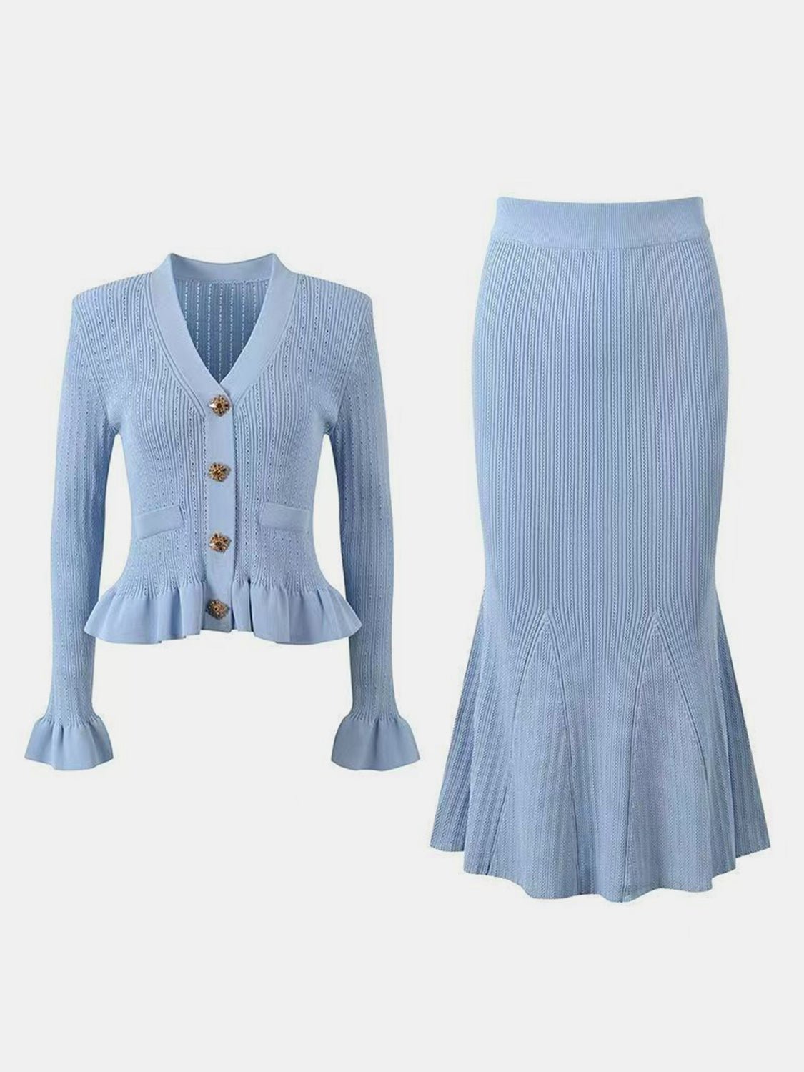Ruffled V - Neck Top and Midi Skirt Sweater Set - Amara Luxe Fine Boutique