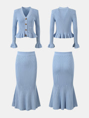 Ruffled V - Neck Top and Midi Skirt Sweater Set - Amara Luxe Fine Boutique