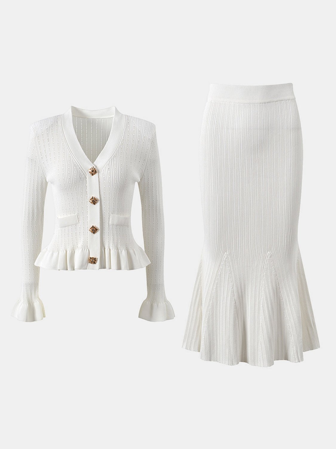 Ruffled V - Neck Top and Midi Skirt Sweater Set - Amara Luxe Fine Boutique