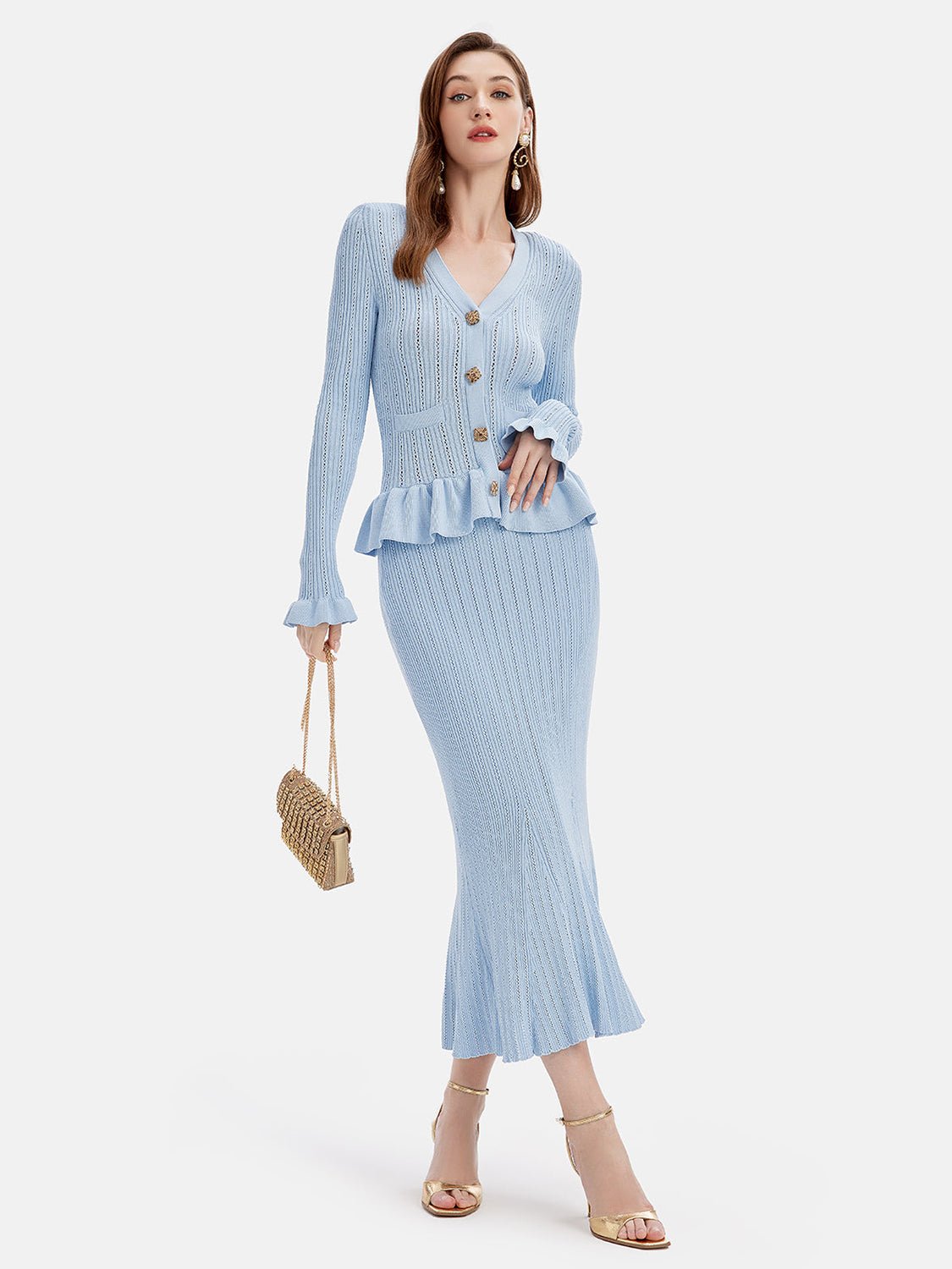 Ruffled V - Neck Top and Midi Skirt Sweater Set - Amara Luxe Fine Boutique