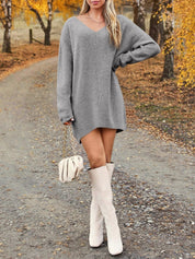 V - Neck Dropped Shoulder Sweater Dress - Amara Luxe Fine Boutique