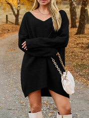 V - Neck Dropped Shoulder Sweater Dress - Amara Luxe Fine Boutique