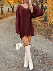 V - Neck Dropped Shoulder Sweater Dress - Amara Luxe Fine Boutique