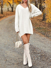 V - Neck Dropped Shoulder Sweater Dress - Amara Luxe Fine Boutique
