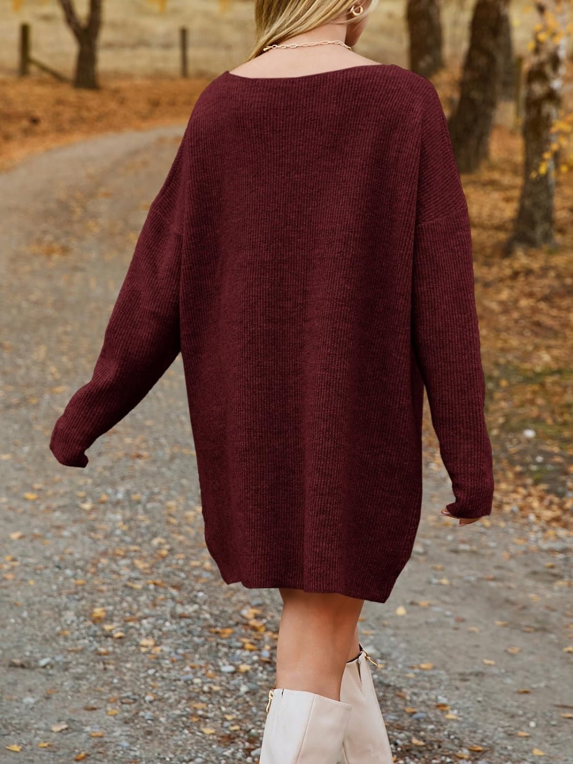 V - Neck Dropped Shoulder Sweater Dress - Amara Luxe Fine Boutique