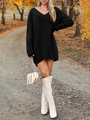 V - Neck Dropped Shoulder Sweater Dress - Amara Luxe Fine Boutique