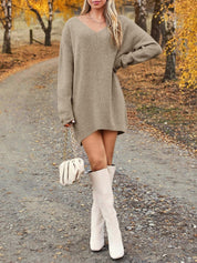 V - Neck Dropped Shoulder Sweater Dress - Amara Luxe Fine Boutique