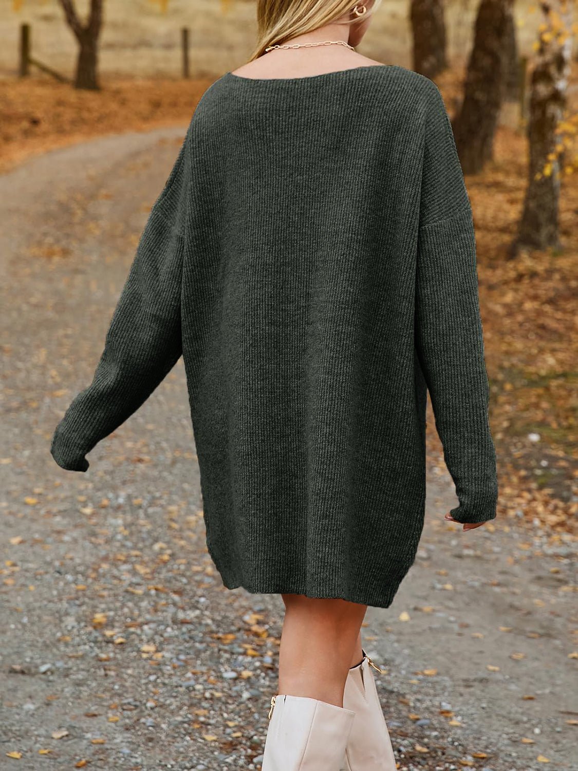V - Neck Dropped Shoulder Sweater Dress - Amara Luxe Fine Boutique