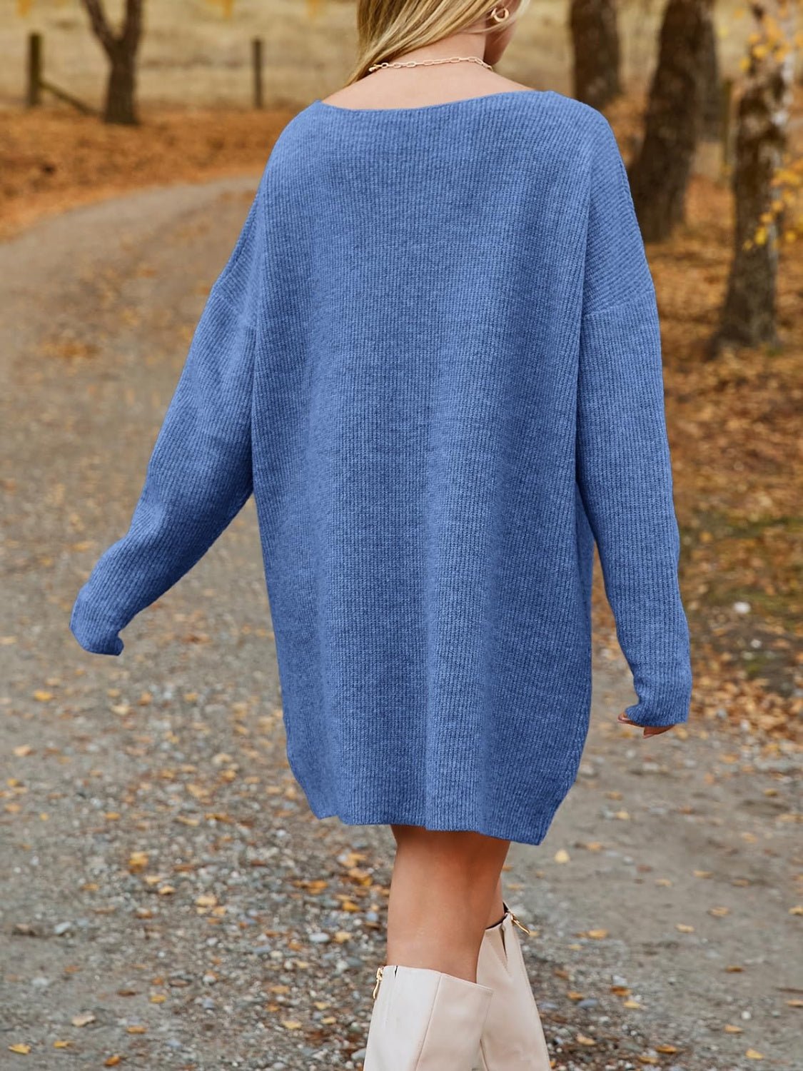 V - Neck Dropped Shoulder Sweater Dress - Amara Luxe Fine Boutique
