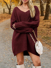 V - Neck Dropped Shoulder Sweater Dress - Amara Luxe Fine Boutique