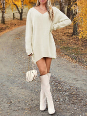 V - Neck Dropped Shoulder Sweater Dress - Amara Luxe Fine Boutique