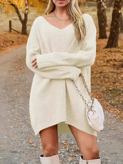 V - Neck Dropped Shoulder Sweater Dress - Amara Luxe Fine Boutique