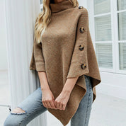 Womens Turtleneck Poncho With Side Buttons Details - Amara Luxe Fine Boutique
